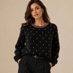 Westbound Petites Black Lambswool Angora Gold Beaded Vintage Sweater Womens M
